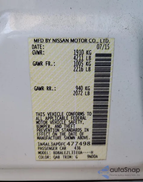 2015 Nissan Altima 2.5 из США, поврежденный, VIN 1N4AL3AP0FC477498